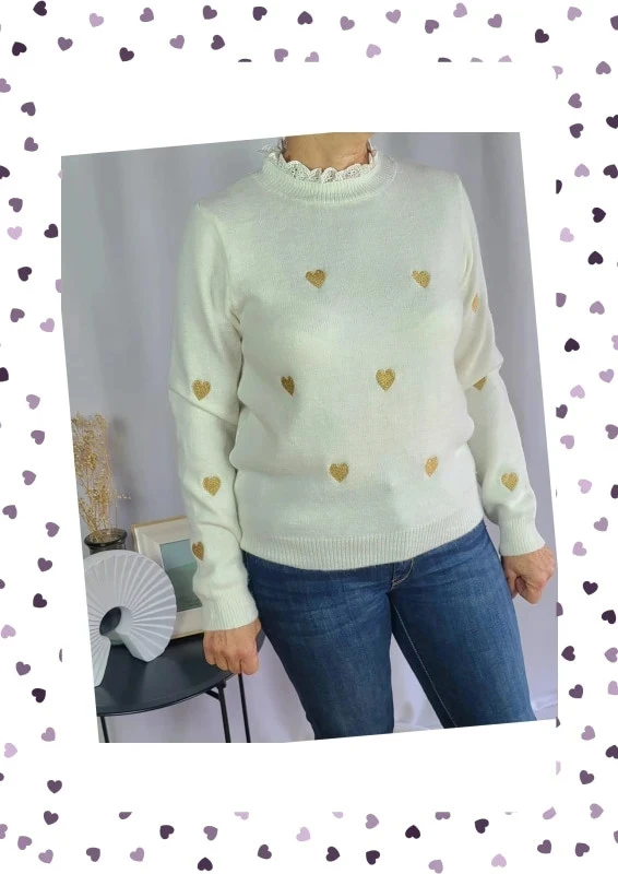 Pull col montant dentelle et coeurs brodés - Taille Unique - Neuf avec étiquette